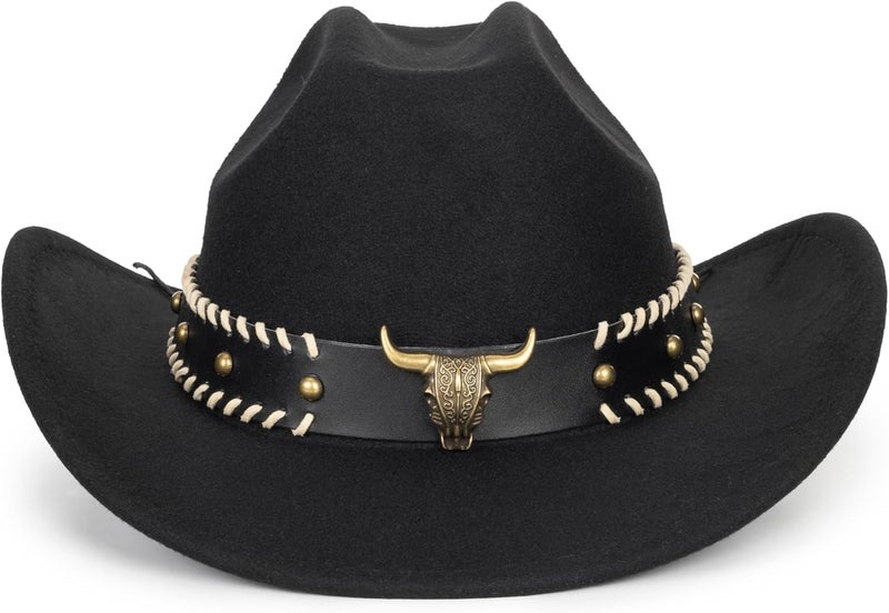 FGSS Western-Cowboy-Hats for Women Men - Classic Wide Brim Felt Fedora Unisex Upturn Bull Head Cowgirl Caps with Buckle Belt - Image 2